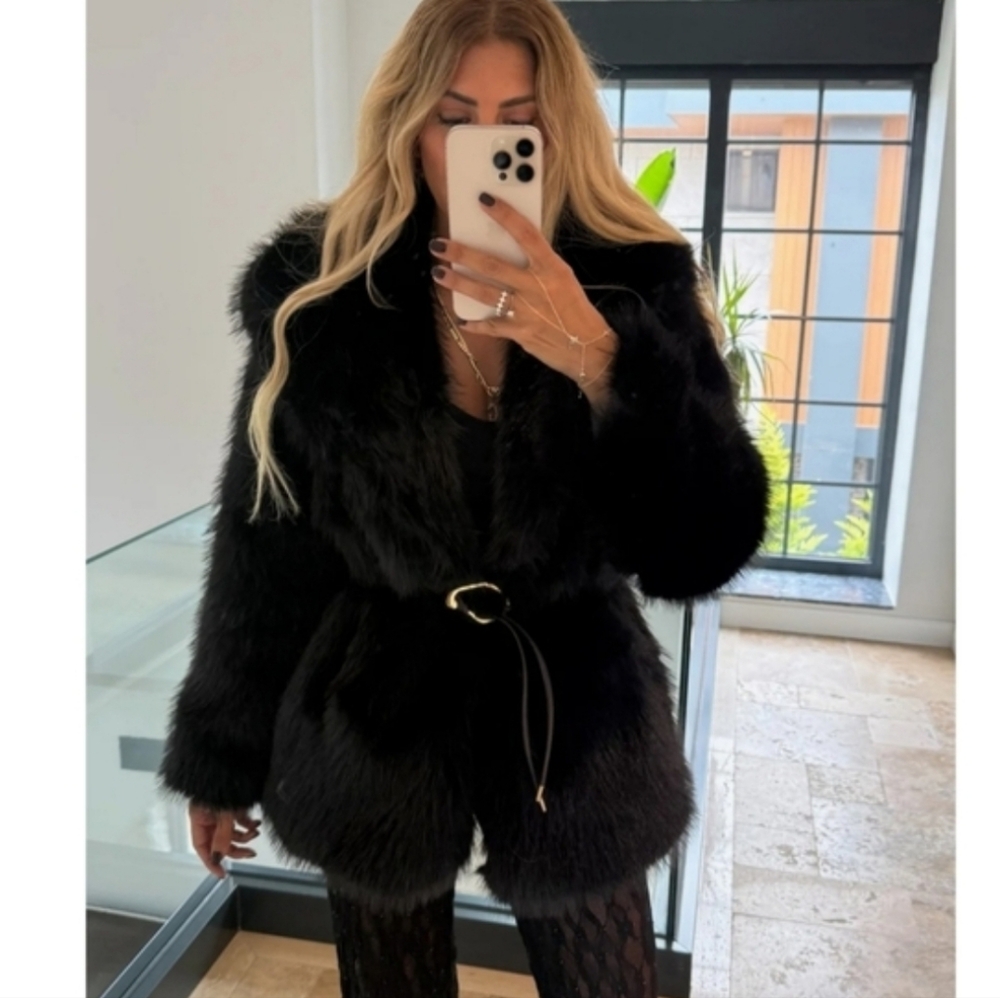 Zara FAUX FUR COAT WITH BELT BLACK - Picture 5 of 16